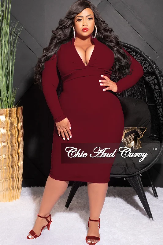 Final Sale Plus Size V Neck Midi Dress in Burgundy Edgy midi dresses