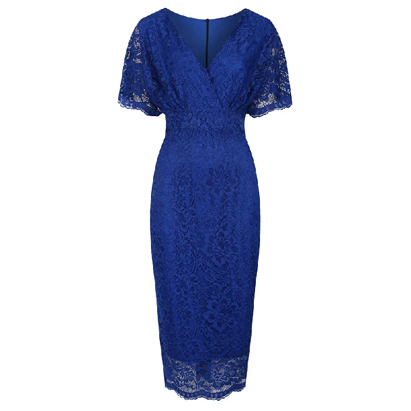 Royal Blue Vintage Lace Detail Bodycon Midi Pencil Dress Chic midi dresses