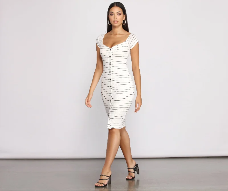 Stripe It Down Ribbed Graceful Button Down Midi Dress Best midi dresses for casual wear