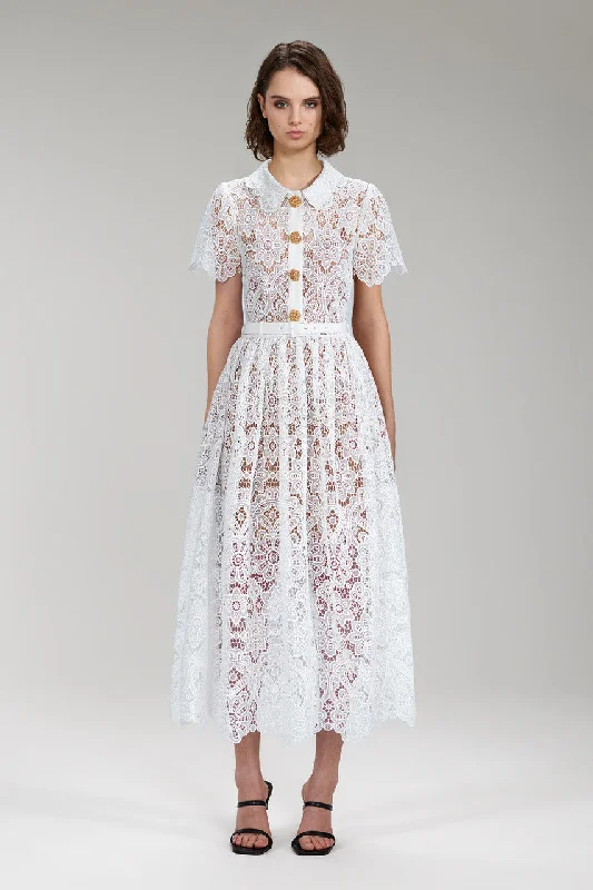 White Floral Guipure Lace Midi Dress A-line midi dresses