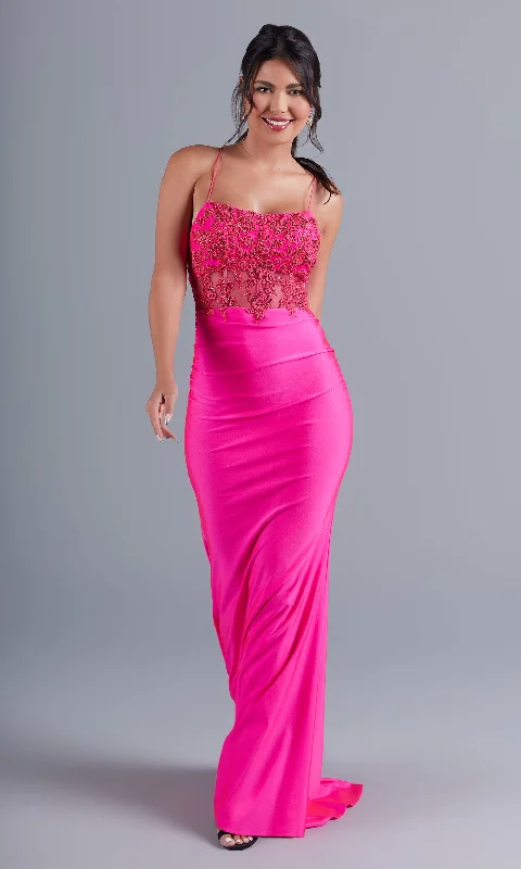 Hot Pink Long Formal Dress with Sheer Bodice Anniversary maxi dresses