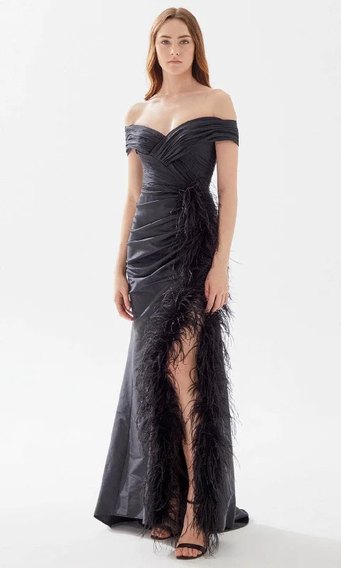 Tarik Ediz 52112 - Ruched and Feathered Evening Gown Wrap party dresses