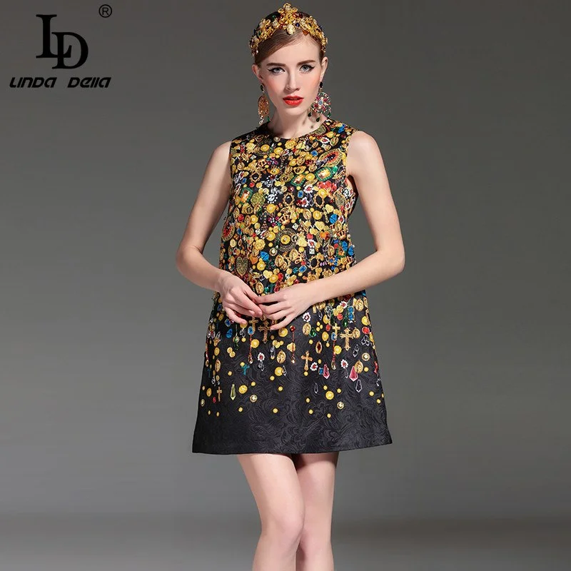 High Quality 2022 Fashion Designer Runway Summer Dress Women's Sleeveless Straight Luxury Beading Jacquard Printed Vintage Dress Best floral dresses for plus size