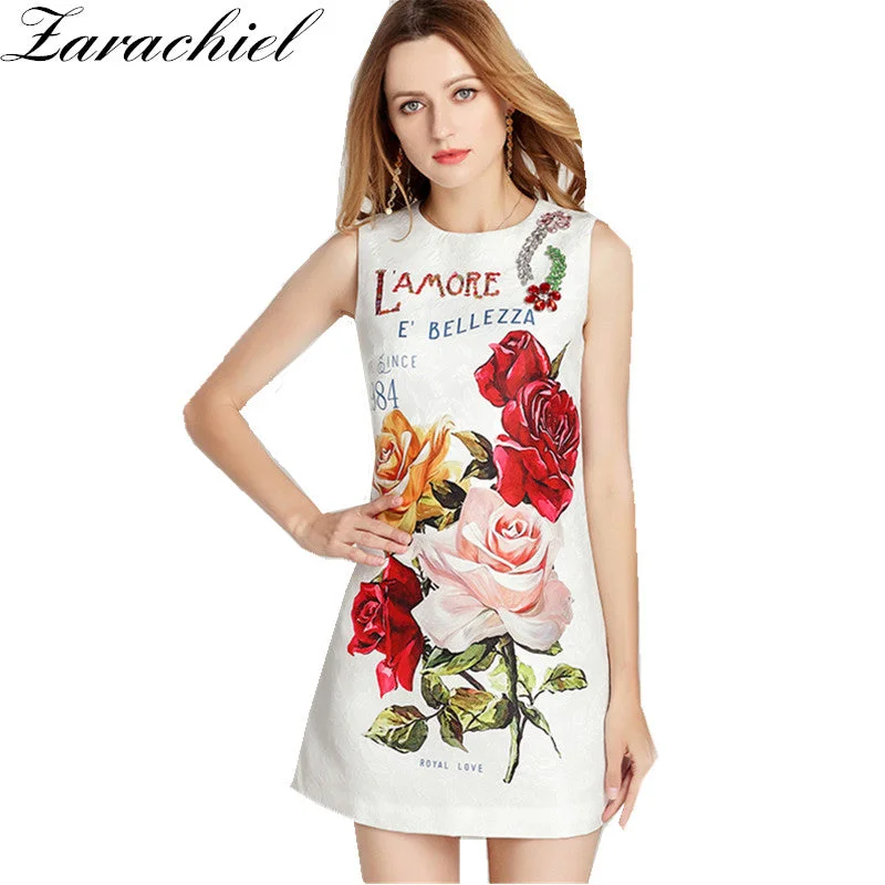 High Quality Short Dress Runway Summer Women's Sleeveless Luxurious Diamonds Button Beading Floral Printed Jacquard Vest Dress Cocktail floral dresses