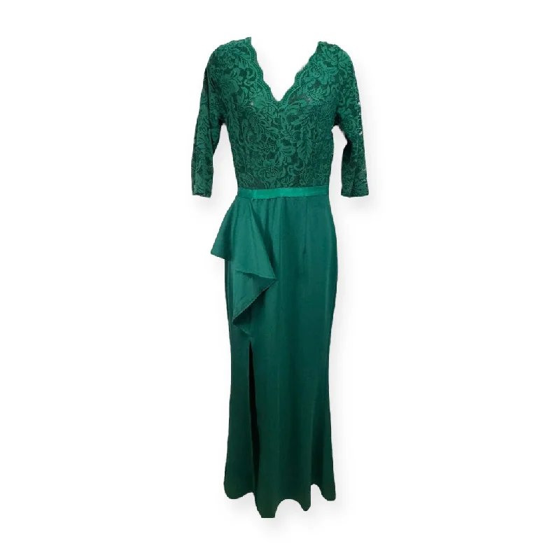 Vintage Floral Lace Ruffle Half Sleeve Evening Gown By Missmay In Green, Size: S Wrap floral dresses