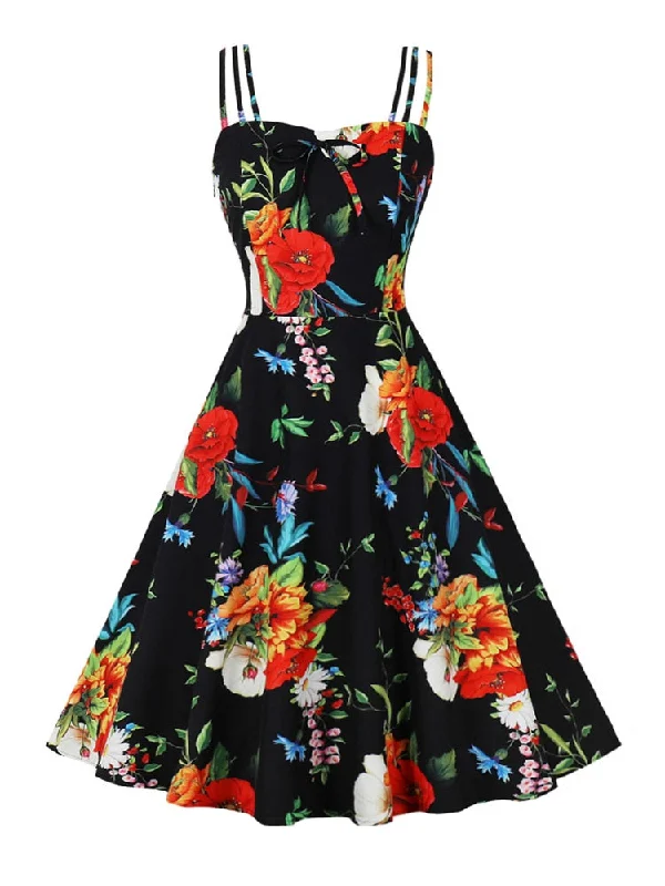 Vintage Floral Spaghetti Strap Bow Front Summer Women Holiday Beach Outfits Elegant Party Dress Comfortable floral dresses for everyday wear