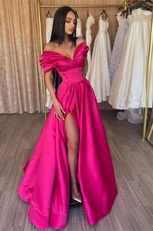 A-line Off-the-shoulder V-neck High Split Floor-length Sleeveless Prom Dress Flowy unclassified dresses