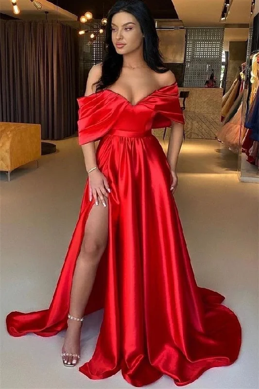 A-line V-neck Floor-length Off-the-shoulder Backless High Split Prom Dress Formal unclassified dresses