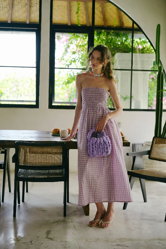 Ava Strapless Crinkle Gingham Dress in Lilac Petite unclassified dresses