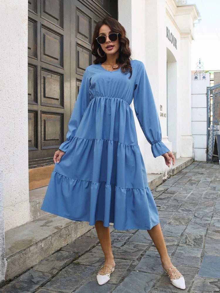 2024 Casual and Comfortable V-Neck Solid Layered Chiffon Boho Dress Popular unclassified dresses