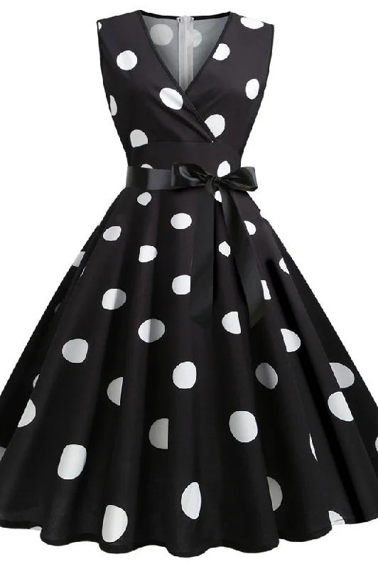 Black And White Polka Dot Sleeveless Swing Dresses Printed unclassified dresses