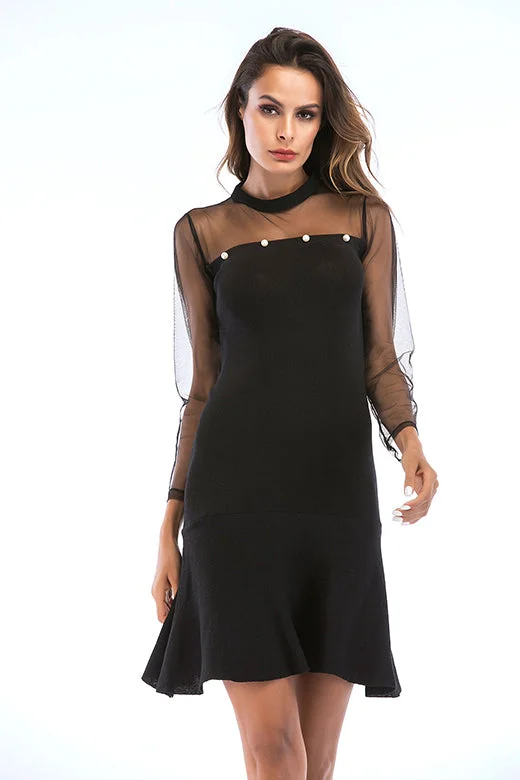 Black Mesh Sleeve Ruffle Hem Beading Dress Satin unclassified dresses