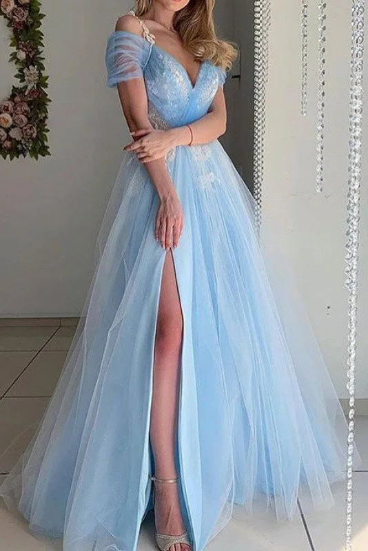 Blue Off-the-Shoulder A-Line Prom Evening Dresses Street style unclassified dresses