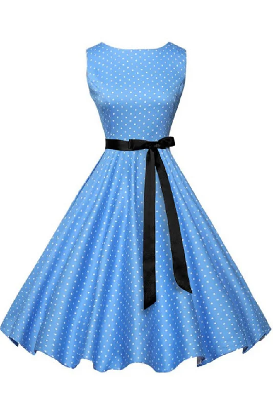 Blue Polka Knot Sleeveless Belted Dress Dark color unclassified dresses