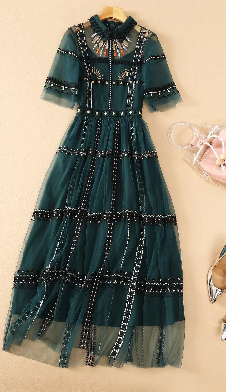 Bohemian Green Mesh Embroidery Dress Sequin unclassified dresses