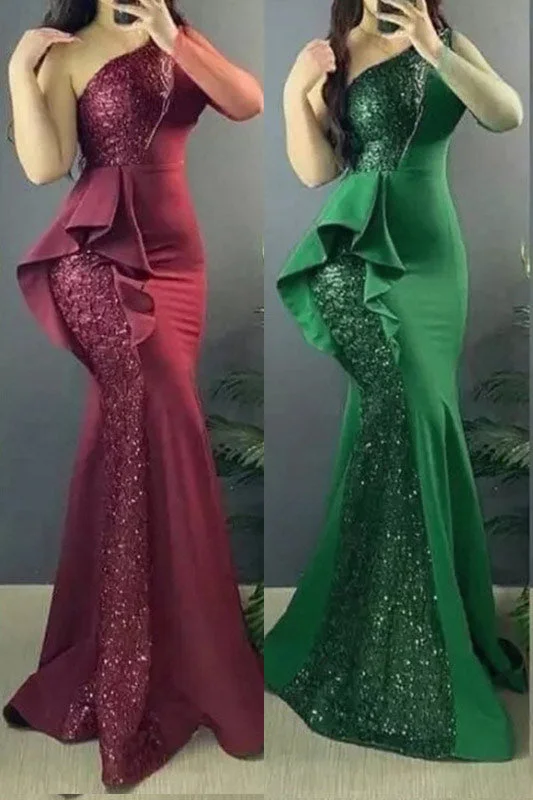 Burgundy One Shoulder Mermaid Formal Gown Evening Prom Dress Elegant evening unclassified dresses