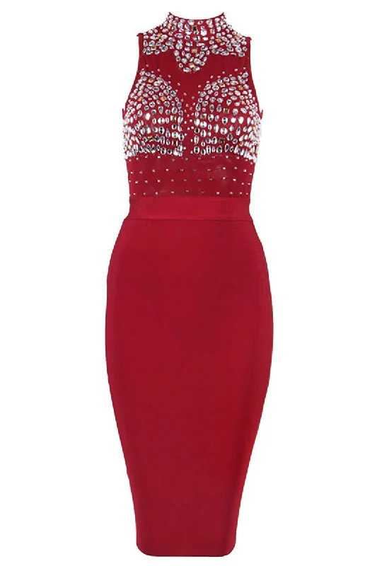 Burgundy Sleeveless High Neck Beading Bandage Dress Cocktail unclassified dresses