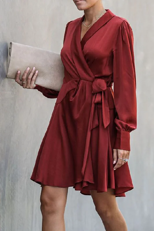 Burgundy V-neck Tie Front Wrap Dress Earthy tone unclassified dresses