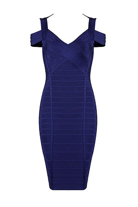 Dark Navy Off-the-shoulder V-neck Bandage Dress Summer unclassified dresses