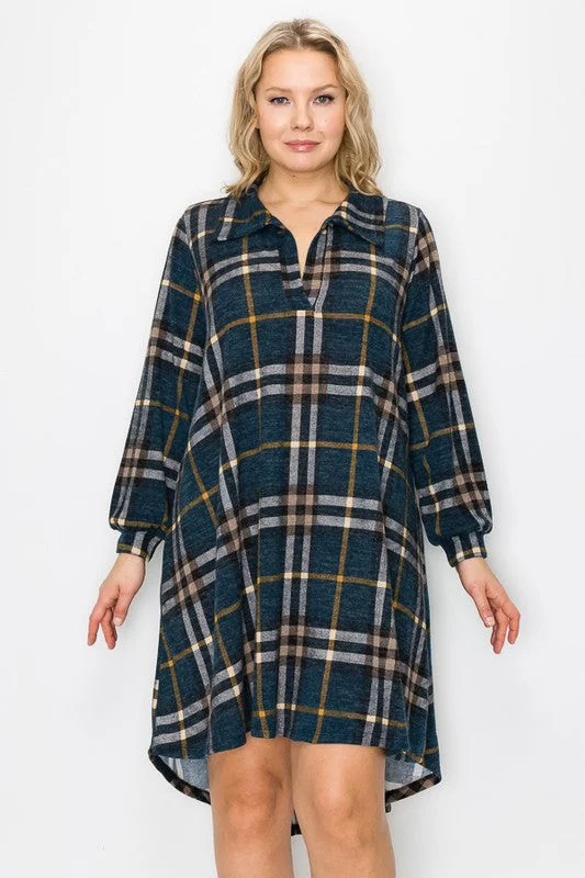 Deep Aqua Deep Yellow Tartan Plaid Dress w Collar Designer unclassified dresses