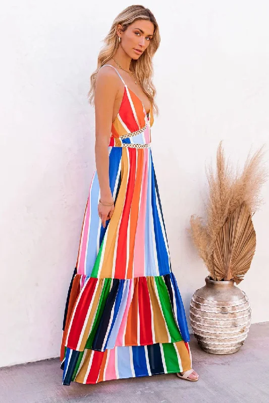 Deep V-Neck Sleeveless Backless Rainbow Stripe Evening Dress Graduation unclassified dresses