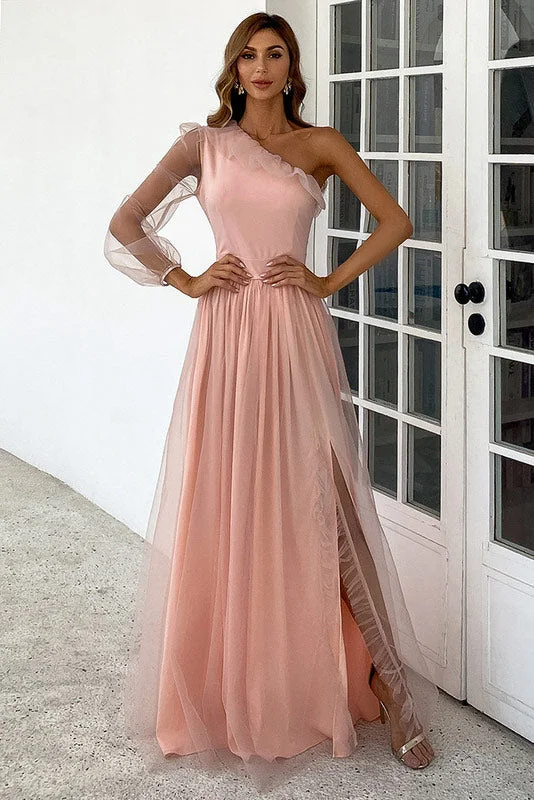 Full-Length Pink One Sleeve Prom Dress Evening Gown Satin unclassified dresses