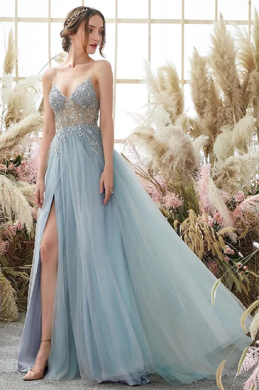 Glorious A-line Blue V-neck Spaghetti Straps Slit Beading Prom Dress Sleeveless unclassified dresses