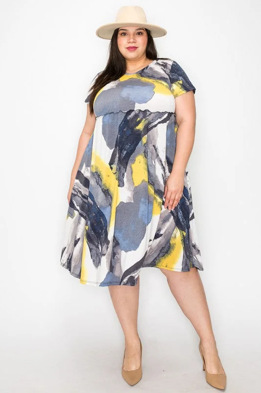 Gray Blue Yellow Shirred Tie Dye Dress w Pockets Party unclassified dresses