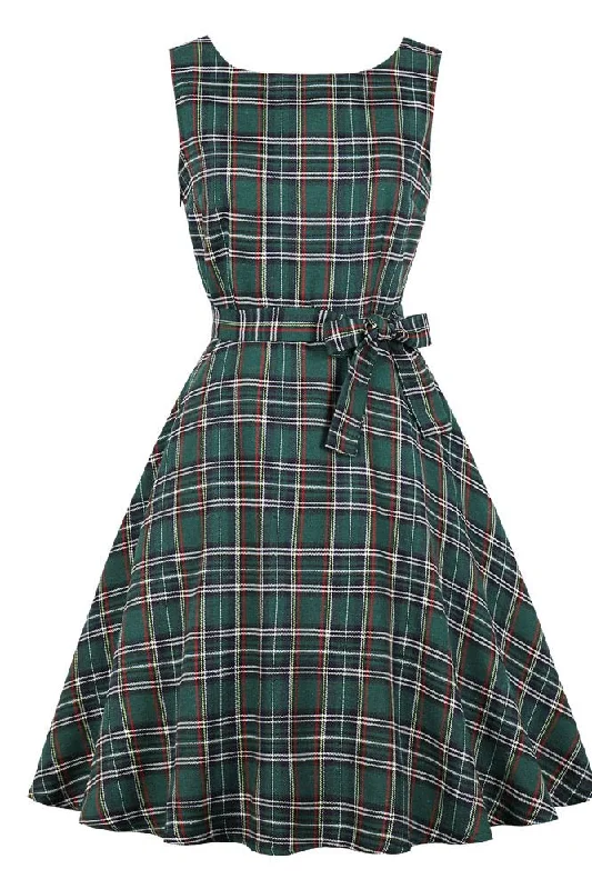 Green Plaid Sleeveless Vintage Dress Fall unclassified dresses