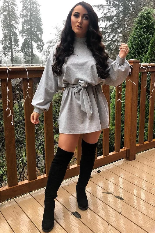 Grey Belted Cold Shoulder Jumper Dress - Elston Backless unclassified dresses