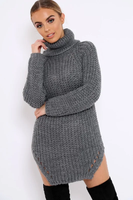 Grey Chunky Knit Roll Neck Cut Out Hem Jumper Dress - Catalina Bodycon unclassified dresses