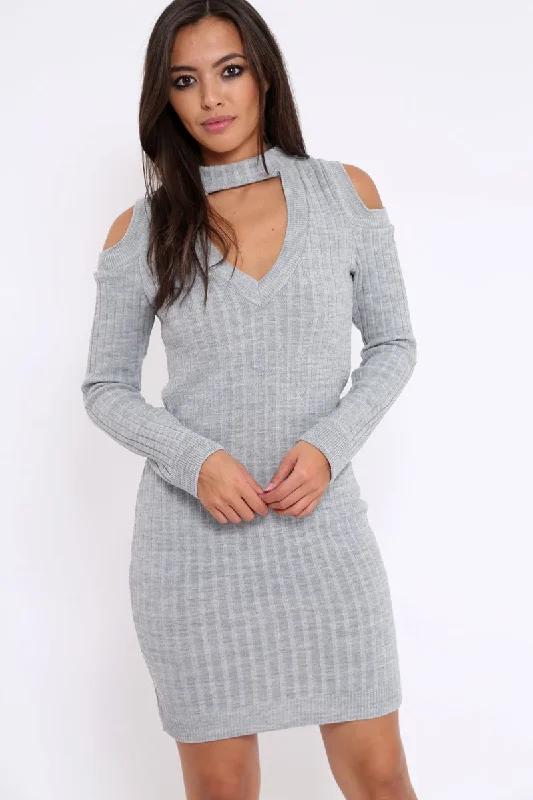 Grey Cold Shoulder and V Neck Cut Out Dress - Riona Long unclassified dresses