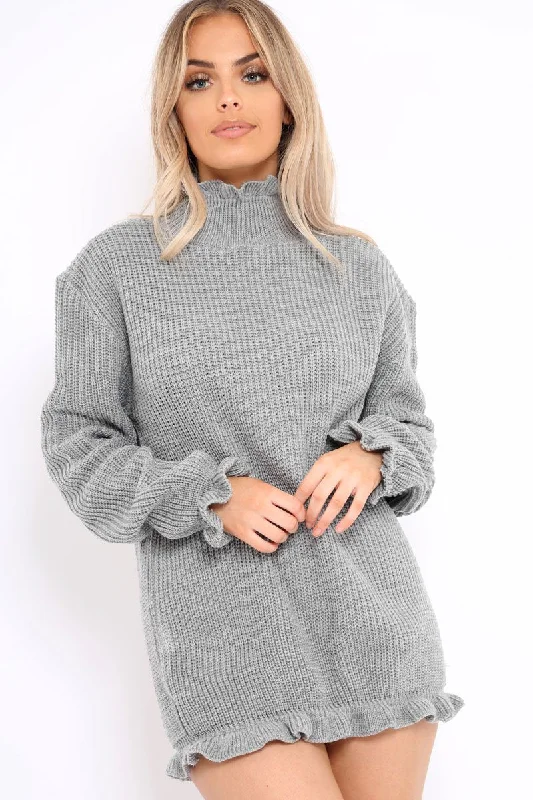 Grey Knitted Ruffle Jumper Dress with Elasticated hems - Velma Discounted unclassified dresses