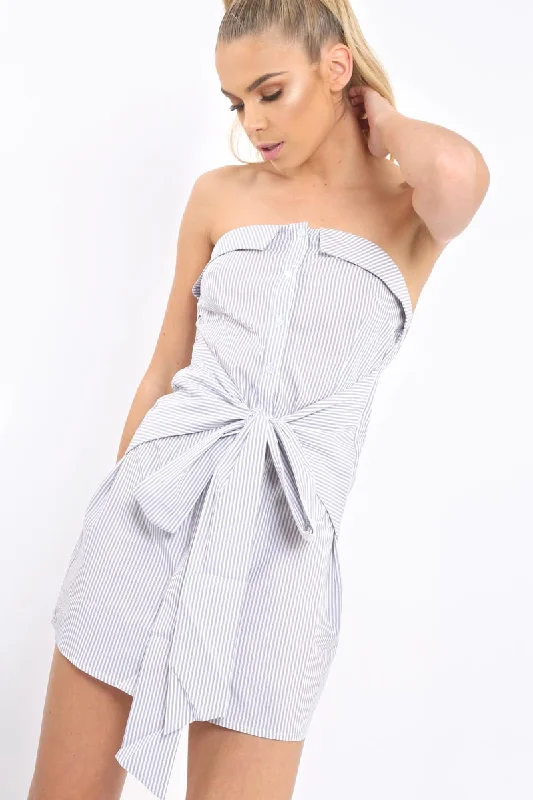 Grey Stripe Bardot Tie Around The Waist Dress - Gwen Striped unclassified dresses