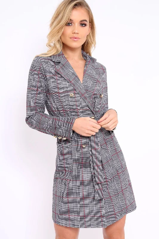 Hound-Tooth Tartan Button Tie Front Blazer Dress - Clare Satin unclassified dresses