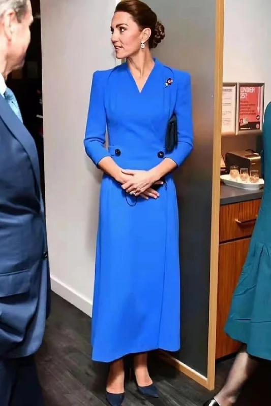 Kate Middleton Royal Blue V-Neck Formal Dress Smocked unclassified dresses