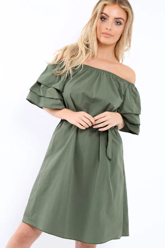 Khaki Bardot Dress with Ruffled Sleeves - Breena Smocked unclassified dresses