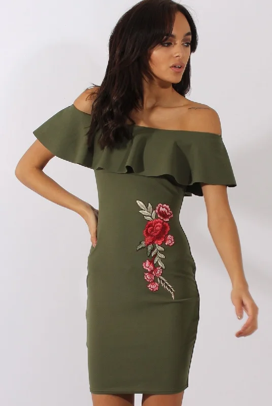 Khaki Bardot Frill Embroidered Dress - Jasmine Sleeveless unclassified dresses