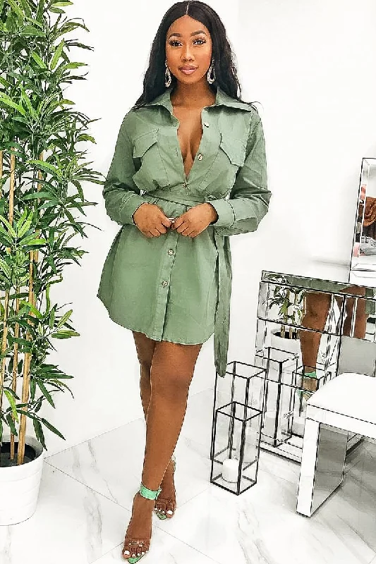 Khaki Button Up Belted Utility Dress - Abia Elegant unclassified dresses