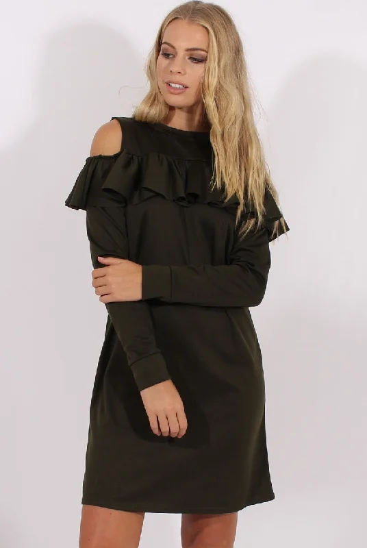 Khaki Cold Shoulder Frill Layer Swing Dress - Megan Summer unclassified dresses