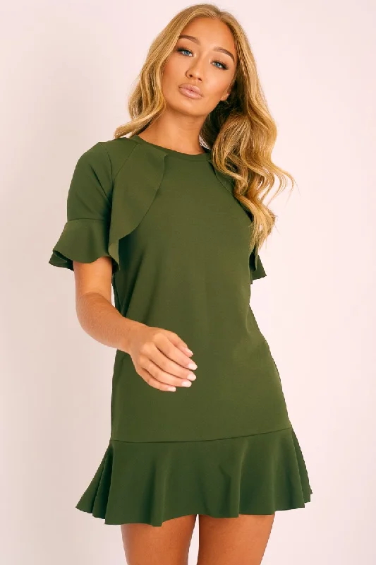 Khaki Frill Detail Peplum Dress - Birda Dark color unclassified dresses