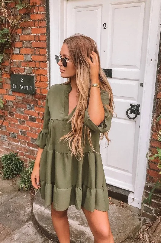 Khaki Tiered Ruffle Shift Dress - Abri Bright color unclassified dresses