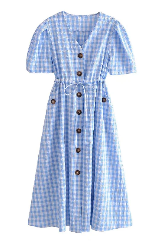 Light Sky Blue Plaid Buttoned Dress Party unclassified dresses