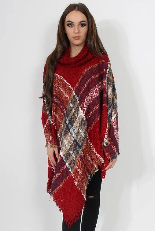 Maria Red Knitted Roll Neck Poncho A-line unclassified dresses