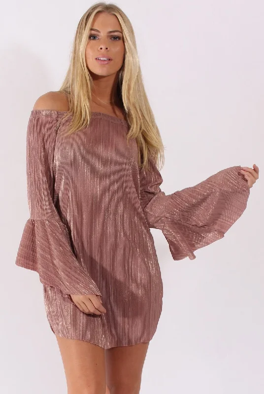 Mauve Metallic Bardot Pleated Bell Sleeves Dress - Lilja Ruched unclassified dresses