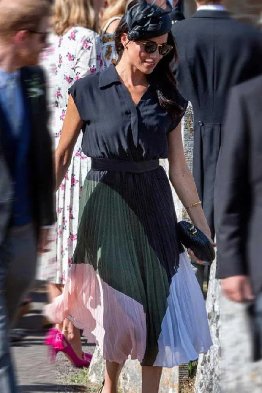 Meghan Markle Sleeveless Colorblock Pleated Outfit Winter unclassified dresses