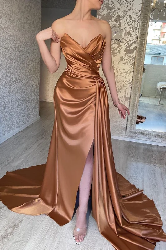 Mermaid Strapless Sweetheart Floor-length Multiple-Layers Sleeveless Open Back Side Train High Split Prom Dress Unique unclassified dresses