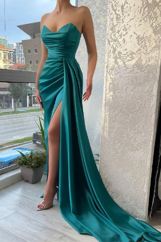 Mermaid Strapless Sweetheart Ruffles Floor-length Sleeveless Open Back Side Train High Split Prom Dress Vacation unclassified dresses