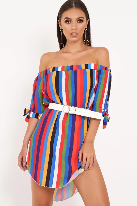 Multi Stripe Bardot Shift Dress - Lyrika High-end unclassified dresses