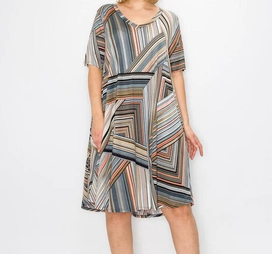 Gray Pink Multi Stripe Dress with Pockets Bright color unclassified dresses